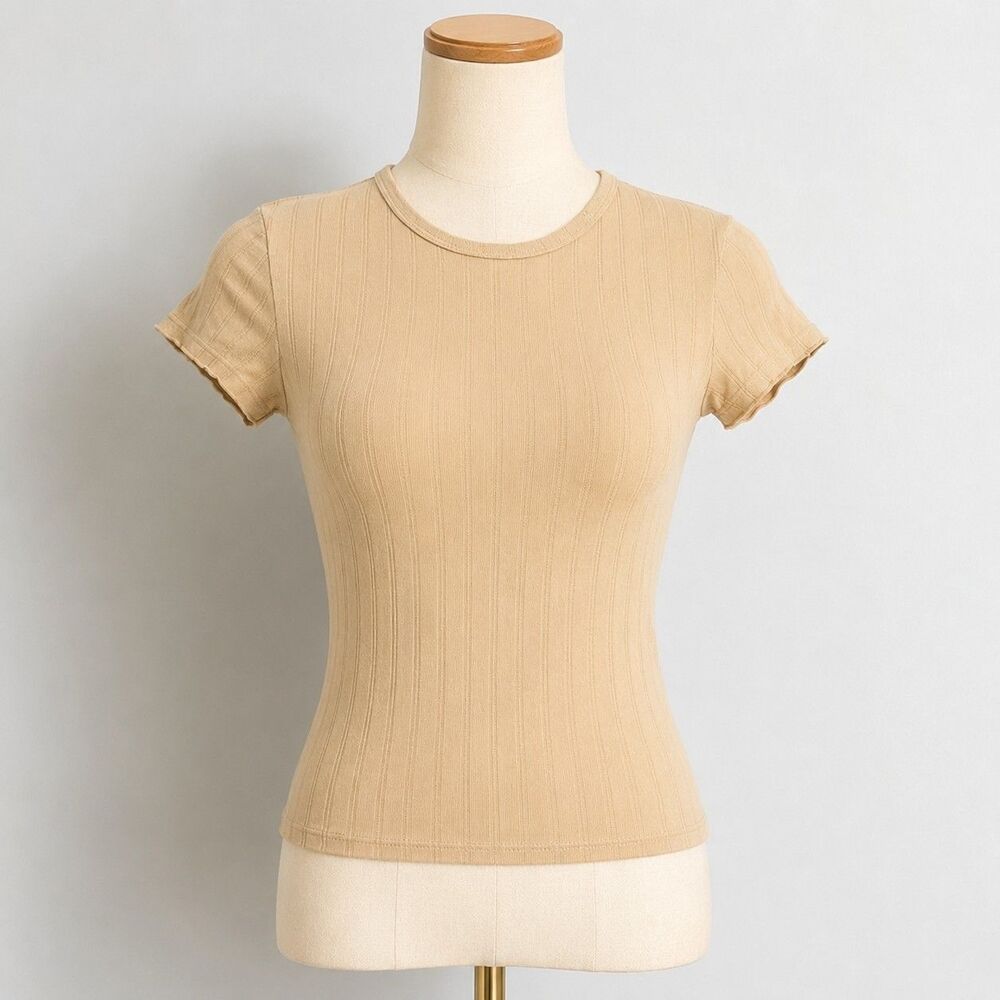 Aerie Women's Ribbed Knit Tee XS Beige Slim Fit Cotton Casual Baby‎ Tee Soft